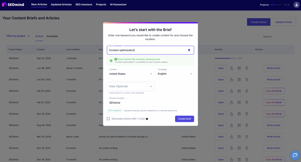 create a brief seowind