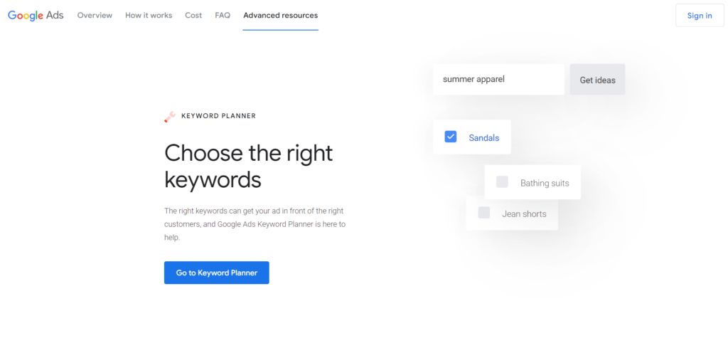 Planificador de palavras-chave do Google