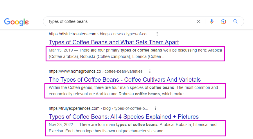 meta description voorbeeld soorten koffiebonen