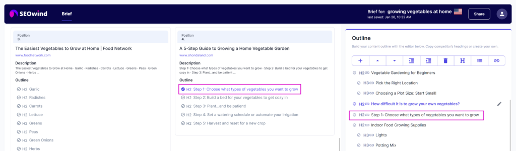 seowind content outline editor copy heading