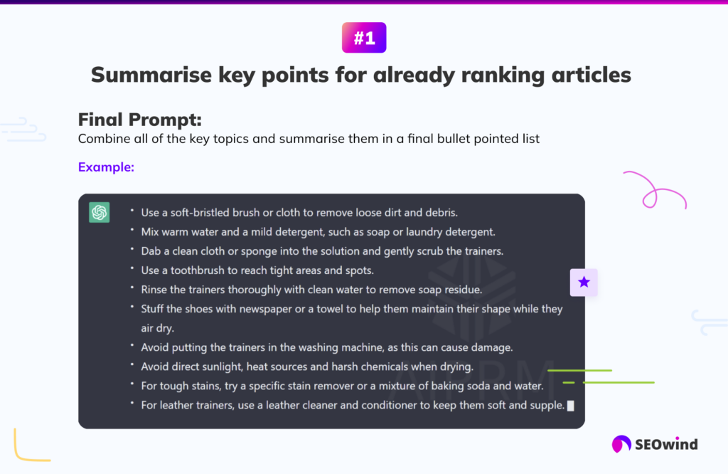 ChatGPT SEO Prompt 1 Summarize key points for already ranking articles 2