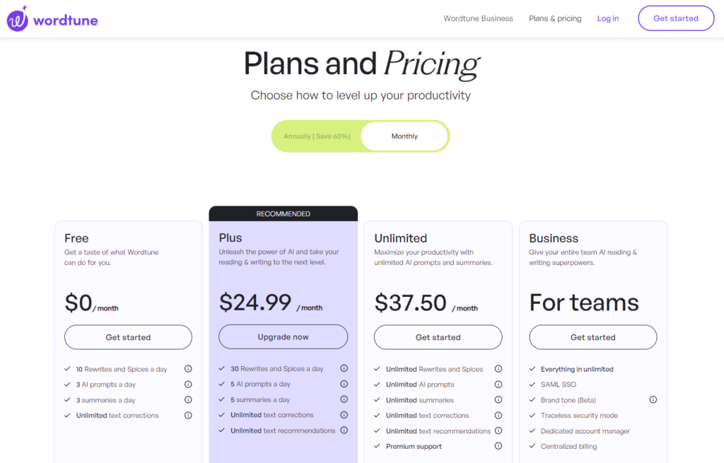 wordtune pricing page