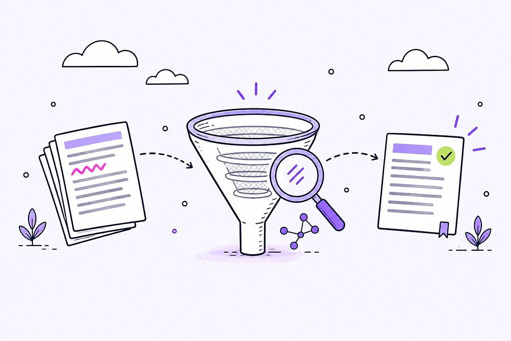 A funnel-shaped filter sorts documents, catching a flawed page while a verified, checked page exits.
