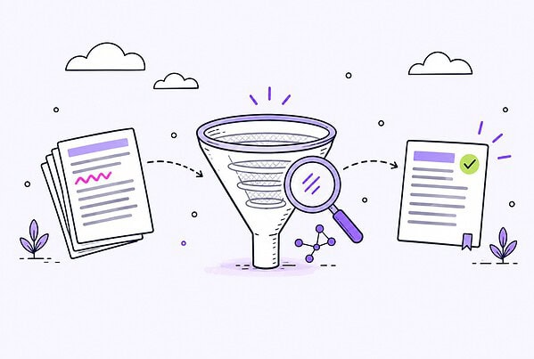A funnel-shaped filter sorts documents, catching a flawed page while a verified, checked page exits.