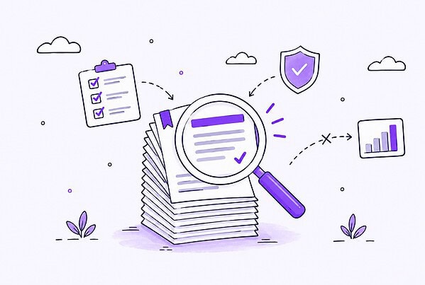 A magnifying glass examining a stack of document pages, with a checklist card and trust shield nearby, illustrating quality evaluation.