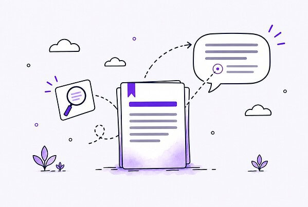 A stacked document page with a violet bookmark linked by a dashed arrow to an AI answer speech bubble that cites it.