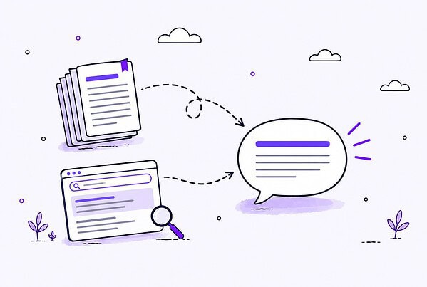 A white ChatGPT speech bubble fed by two dashed arrows: a document stack for training data and a browser window for retrieval.