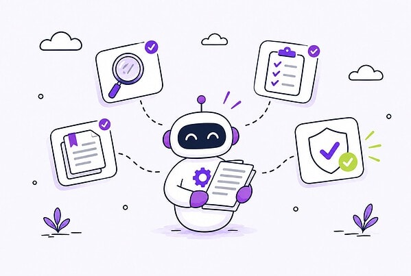 Robot mascot at center holds documents, linked by dashed lines to a magnifying glass, checklist, document stack, and checked shield.