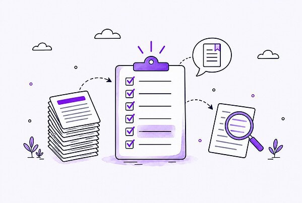 Hand-drawn white clipboard with violet checkmarks, a document stack feeding it and a magnifier verifying a page.
