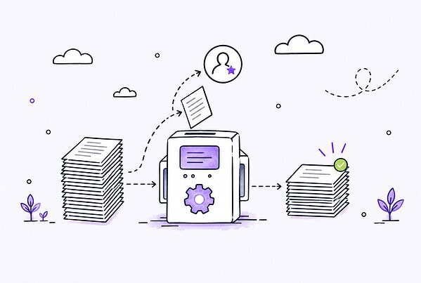 Many pages flow through an automated gate machine while one flagged page goes to a person badge, ending in a neat approved stack.